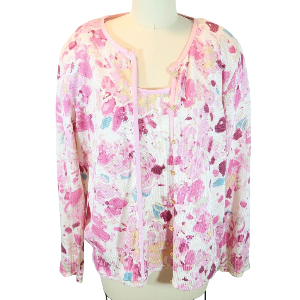 St John Collection Floral Cardigan Sweater Twinset Size L Satin Trim Pink
